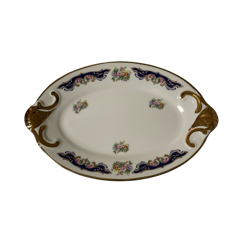 Elegant Limoges-Style Oval Plate – White with Gold Trim & Blue Floral Accents
